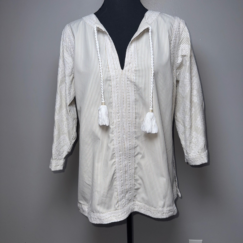 Gretchen Scott Tan White Striped Embroidered Tunic Tassel V-Neck Top Large